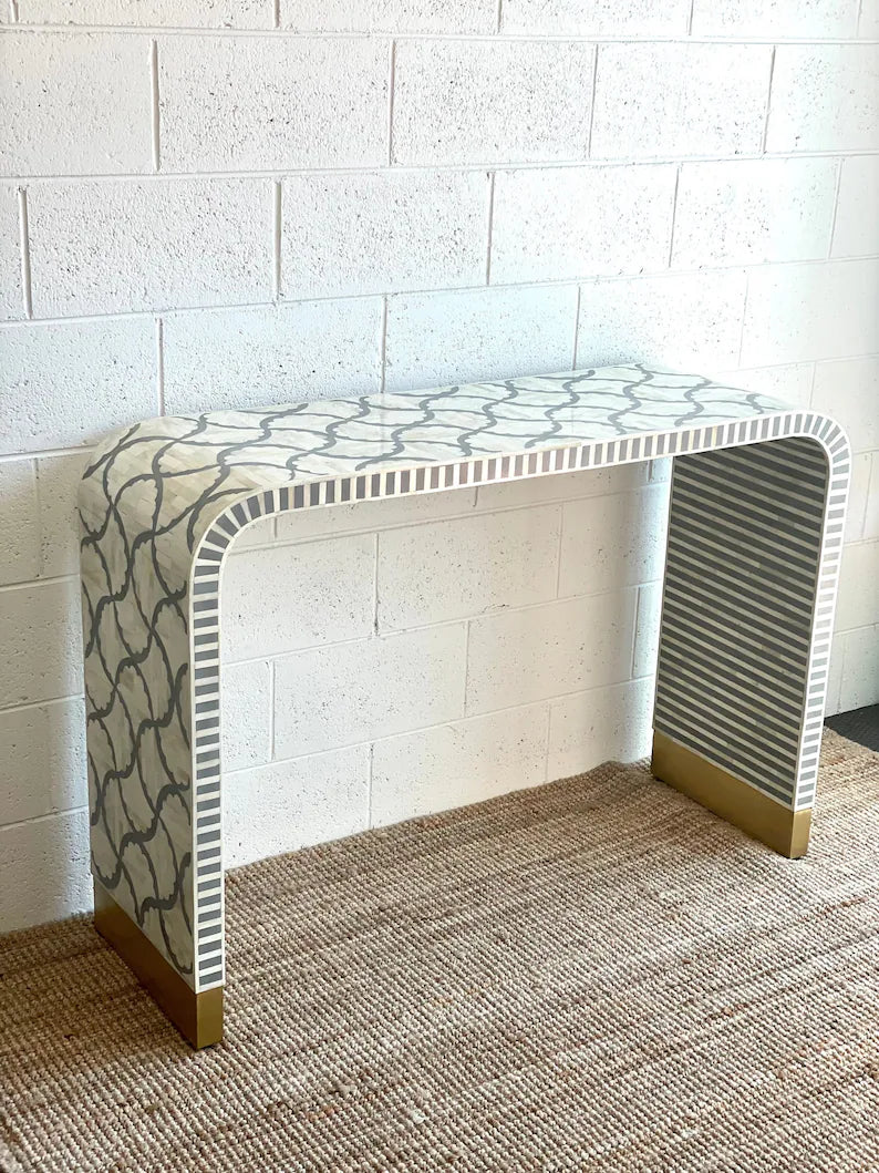 Handmade Fish scale Waterfall Bone Inlay Console Table | Unique Exotic Design for Entryway, Living Room, and Dining Room Decor