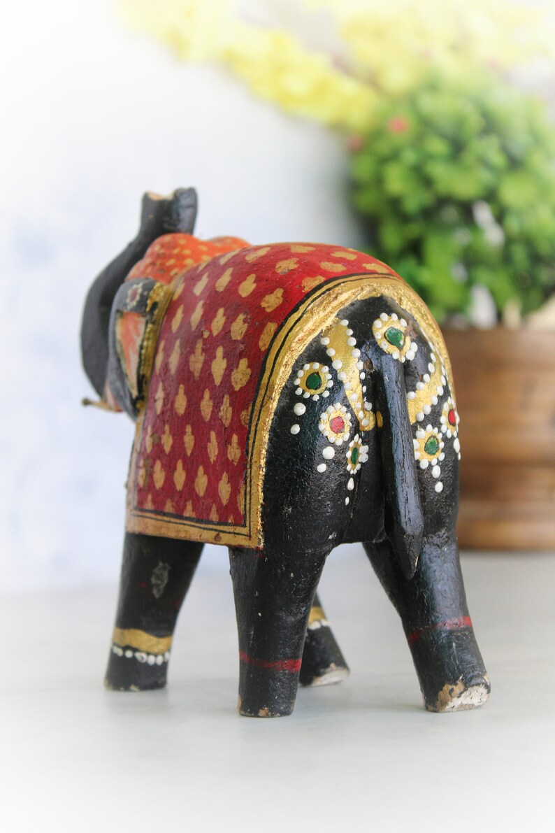 Vintage Wooden Black Elephant Figurine Beautiful Hand Painted | Old Vintage Antique Animal Figurine for Home Decor, Old Unique Collectible