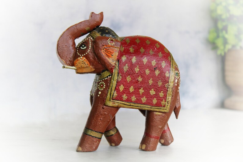 Vintage Antique Wooden Brown Elephant Beautiful Hand Painted | Old Vintage Antique Animal Figurine for Home Decor, Old Unique Collectible