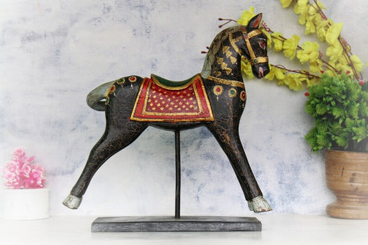 Vintage Wooden Decorative Black Horse Figurine on Stand | Hand Painted Horse Statue | Rare Indian Old Collectible with Patina | Home Decor