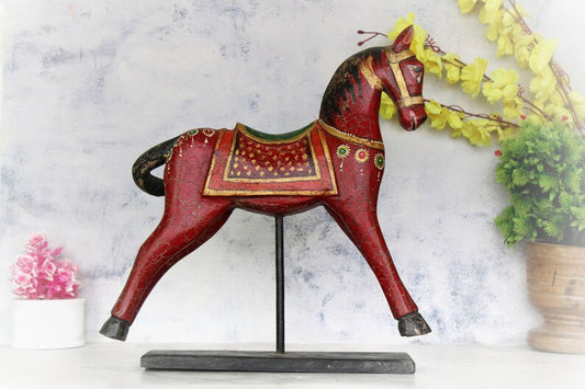 Red Horse Figurine on Stand Hand Painted Horse Statue Rare Indian Collectible with Patina Home Décor Vintage Wooden Decorative