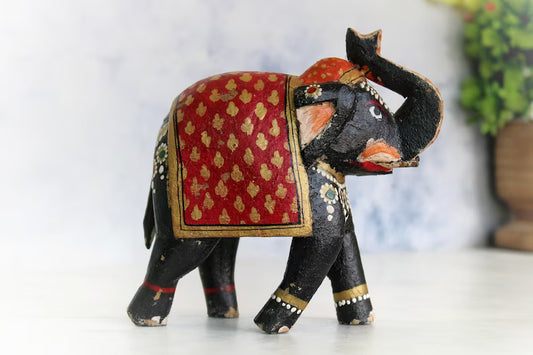 Vintage Wooden Black Elephant Figurine Beautiful Hand Painted | Old Vintage Antique Animal Figurine for Home Decor, Old Unique Collectible