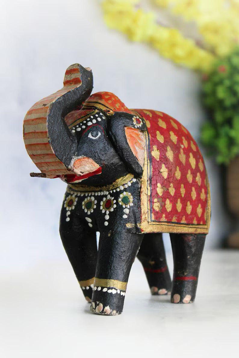 Vintage Wooden Black Elephant Figurine Beautiful Hand Painted | Old Vintage Antique Animal Figurine for Home Decor, Old Unique Collectible