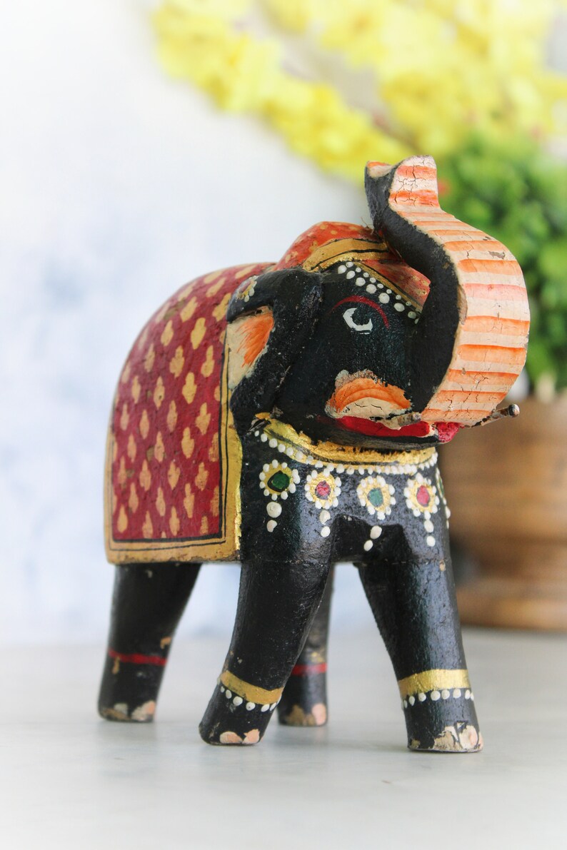 Vintage Wooden Black Elephant Figurine Beautiful Hand Painted | Old Vintage Antique Animal Figurine for Home Decor, Old Unique Collectible