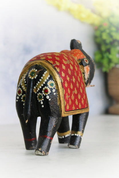 Vintage Wooden Black Elephant Figurine Beautiful Hand Painted | Old Vintage Antique Animal Figurine for Home Decor, Old Unique Collectible