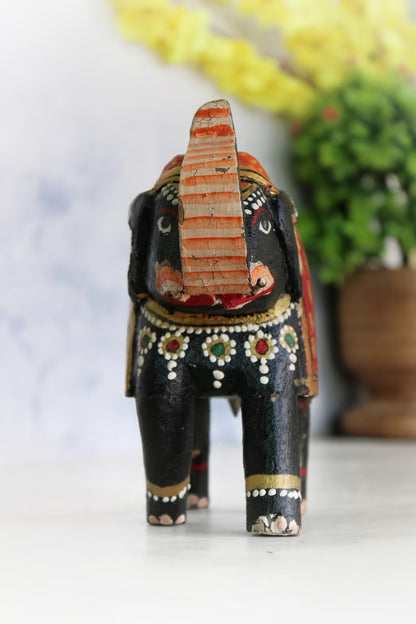 Vintage Wooden Black Elephant Figurine Beautiful Hand Painted | Old Vintage Antique Animal Figurine for Home Decor, Old Unique Collectible