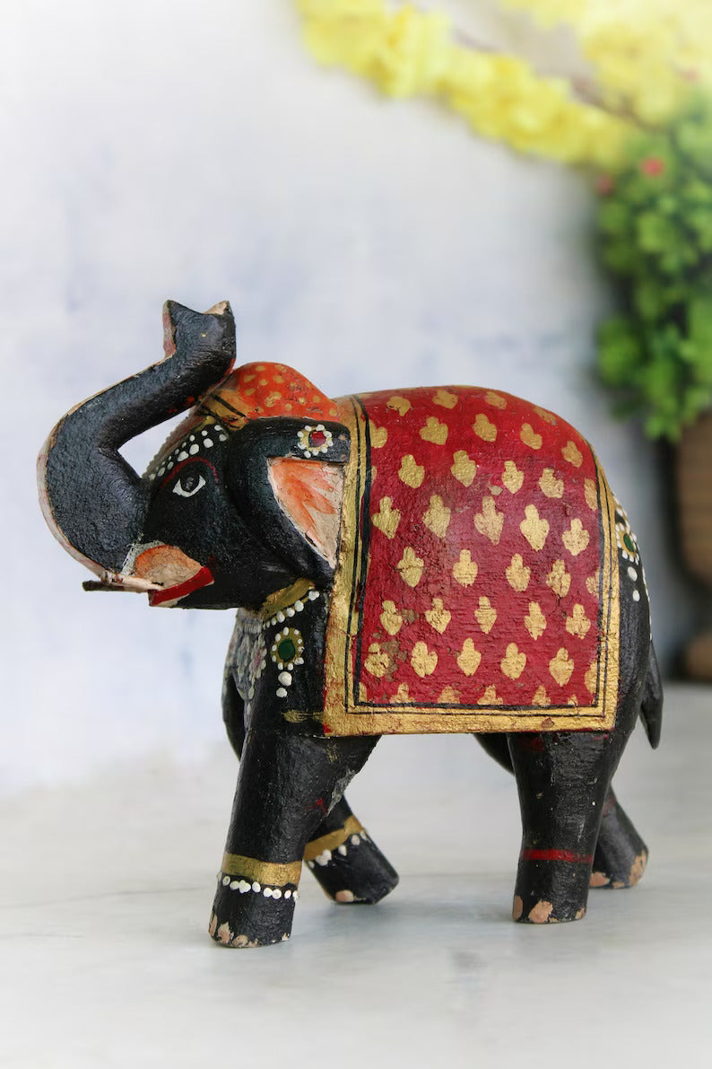 Vintage Wooden Black Elephant Figurine Beautiful Hand Painted | Old Vintage Antique Animal Figurine for Home Decor, Old Unique Collectible