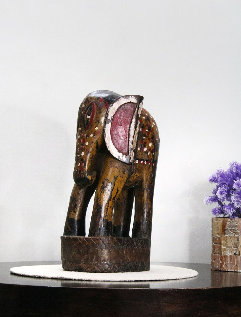 Vintage Hand carved hand painted Wooden Elephant sculpture | Antique solid wood Animal Figurine for Home Décor, Old Unique Collectible