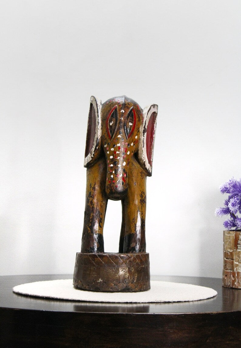 Vintage Hand carved hand painted Wooden Elephant sculpture | Antique solid wood Animal Figurine for Home Décor, Old Unique Collectible