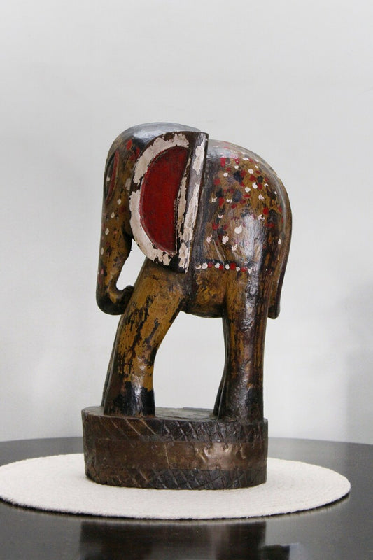 Vintage Hand carved hand painted Wooden Elephant sculpture | Antique solid wood Animal Figurine for Home Décor, Old Unique Collectible