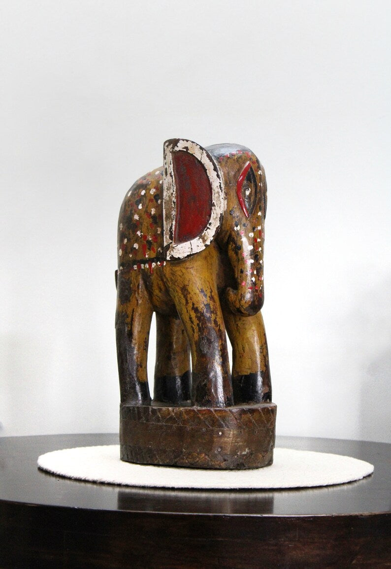 Vintage Hand carved hand painted Wooden Elephant sculpture | Antique solid wood Animal Figurine for Home Décor, Old Unique Collectible