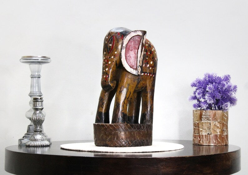 Vintage Hand carved hand painted Wooden Elephant sculpture | Antique solid wood Animal Figurine for Home Décor, Old Unique Collectible