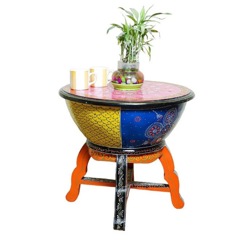 Beautiful Painted Coffee Table For Modern Era, Indian Drum Table, Side Table For Living Area, Wooden Nightstand Table, Cocktail Party Table