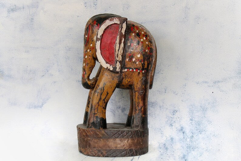 Vintage Hand carved hand painted Wooden Elephant sculpture | Antique solid wood Animal Figurine for Home Décor, Old Unique Collectible