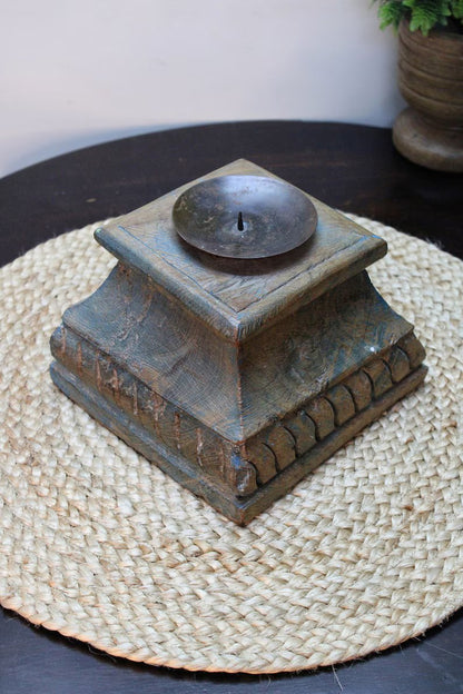 Candle stand Vintage Handcrafted Wooden Architectural Salvage Heavy Base Hand engraved Old Indian Collectible Antique Home Décor