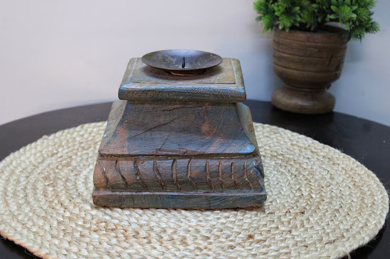 Candle stand Vintage Handcrafted Wooden Architectural Salvage Heavy Base Hand engraved Old Indian Collectible Antique Home Décor