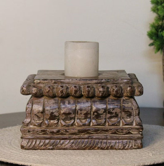 Candle Holder Vintage Home Décor Rustic Rare Handcrafted Wooden Architectural Salvage Heavy Base | Hand engraved Old Indian Collectible