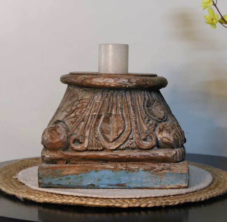 Candle Holder Hand engraved Old Indian Collectible Home Décor Rare Vintage Handcrafted Wooden Architectural Salvage Heavy Base Antique