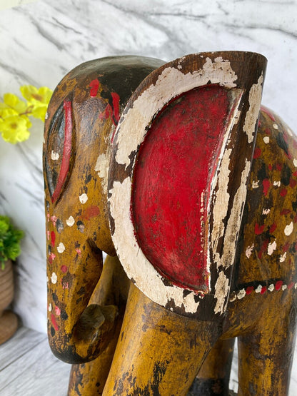 Vintage Hand carved hand painted Wooden Elephant sculpture | Antique solid wood Animal Figurine for Home Décor, Old Unique Collectible