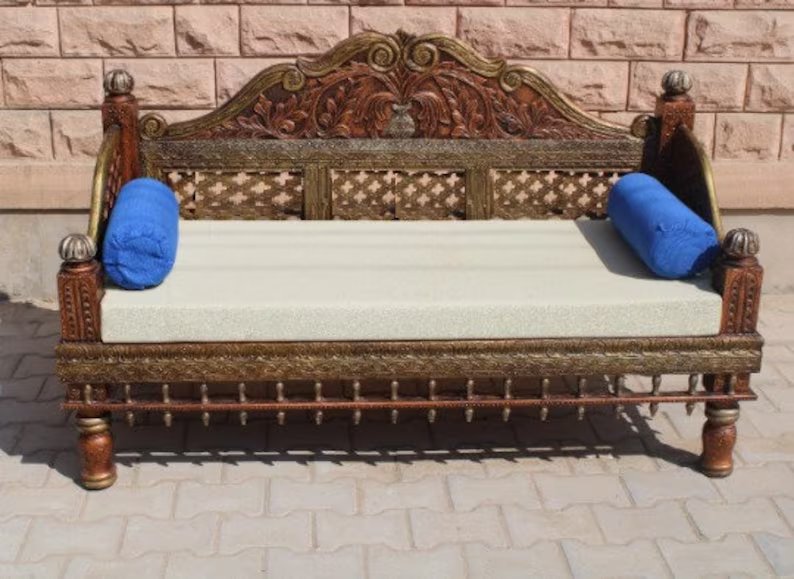 Indian carved painted sofa / Handmade sofa /wooden sofa with cushion