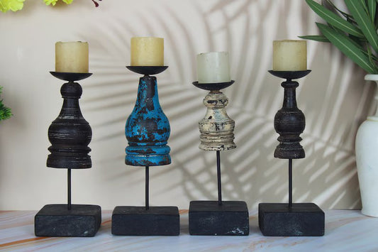 Vintage Wooden Candle Holders on Iron Stand, Colourful antique one of a kind candle stands, with beautiful patina