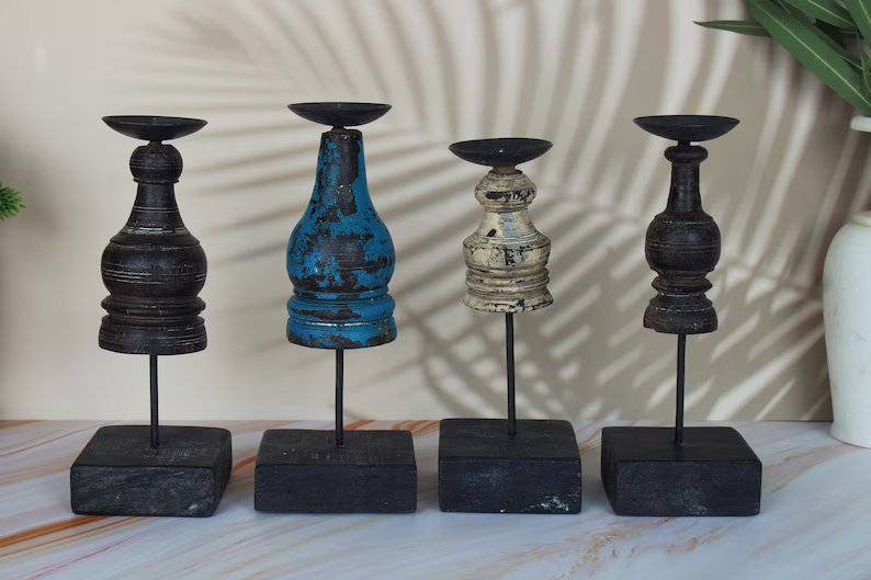 Vintage Wooden Candle Holders on Iron Stand, Colourful antique one of a kind candle stands, with beautiful patina