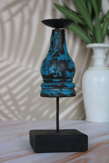 Vintage Wooden Candle Holders on Iron Stand, Colourful antique one of a kind candle stands, with beautiful patina