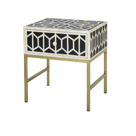 Handmade Bone Inlay Modern Geometric Pattern Bedside Table with 1 Drawer for Home and Office Decor