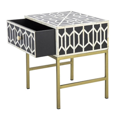 Handmade Bone Inlay Modern Geometric Pattern Bedside Table with 1 Drawer for Home and Office Decor