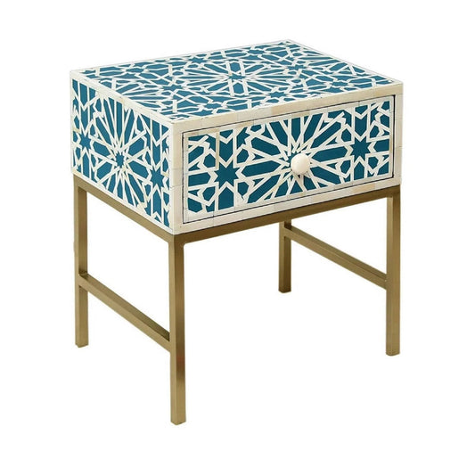 Handmade Bone Inlay Modern Geometric Star Pattern Bedside Table with 1 Drawer for Home and Office Decor