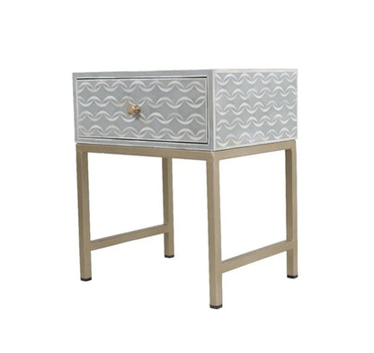 Handmade Bone Inlay Modern Sea Wave Pattern Bedside Table with 1 Drawer for Home and Office Decor