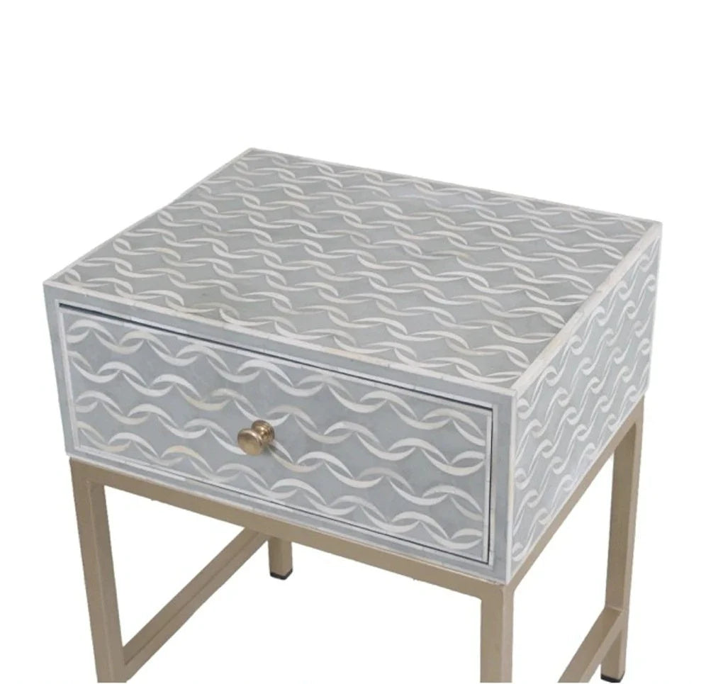 Handmade Bone Inlay Modern Sea Wave Pattern Bedside Table with 1 Drawer for Home and Office Decor