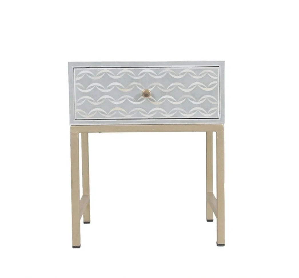 Handmade Bone Inlay Modern Sea Wave Pattern Bedside Table with 1 Drawer for Home and Office Decor