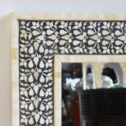 Bone Inlay Mirror Frame Handmade Decor Floral Design Wood Frame Entryway, Hallway, Living Room, Closet Mirror