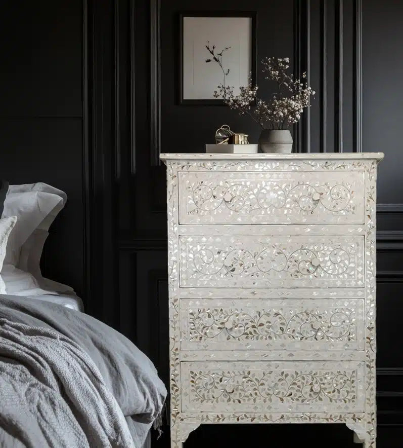 White Mother of Pearl Tall Chest of Drawers | Handmade Bone Inlay Dresser White Mother of Pearl Tall Chest of Drawers | Handmade Bone Inlay Dresser