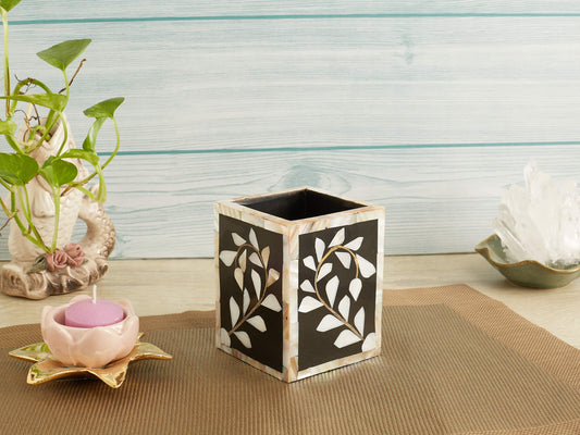 Handmade Pearl Inlay Floral Pattern Pen & Pencil Holder Caddy Desk Cup, Penholder for Desk Pen Holder Unique Pencil Holder for Desk Modern