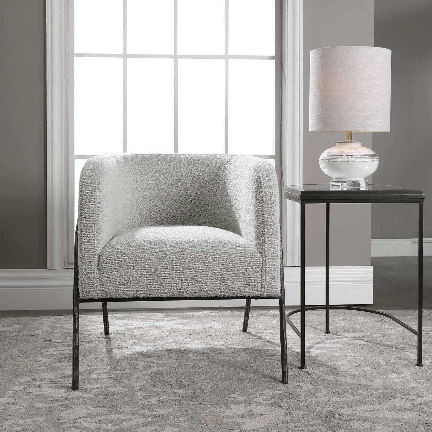 JACOBSEN BARREL CHAIR: IVORY-GREY BOUCLE