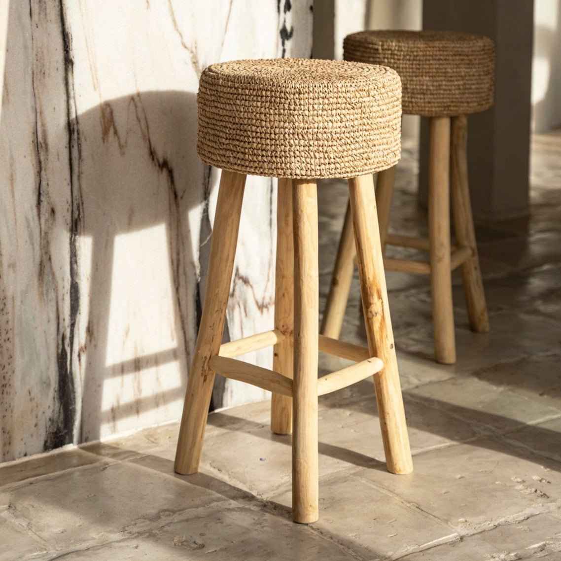 JUNO BAR STOOL | RECLAIMED TEAK +RAFFIA | IN-OUTDOORS