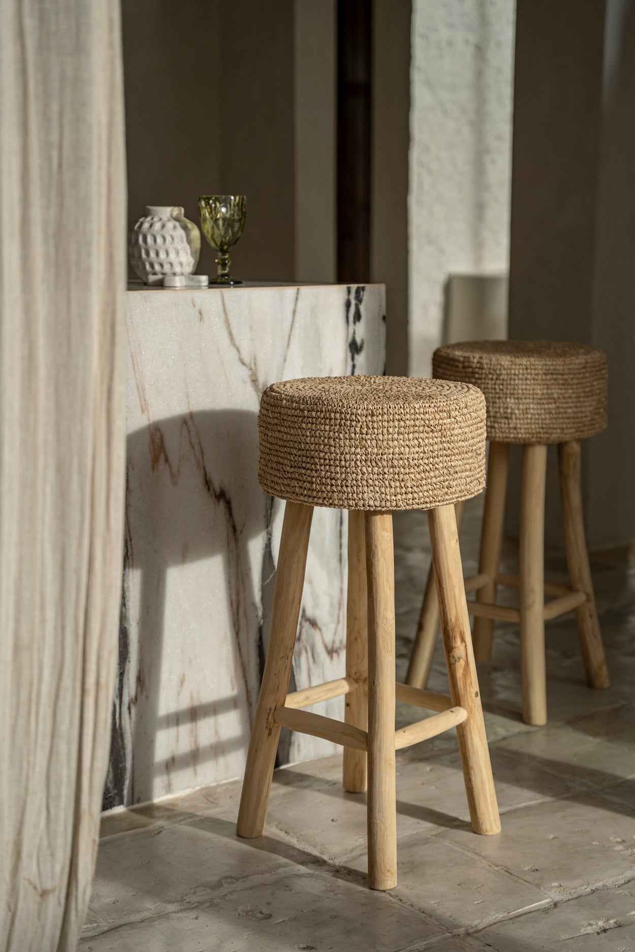 JUNO BAR STOOL | RECLAIMED TEAK +RAFFIA | IN-OUTDOORS