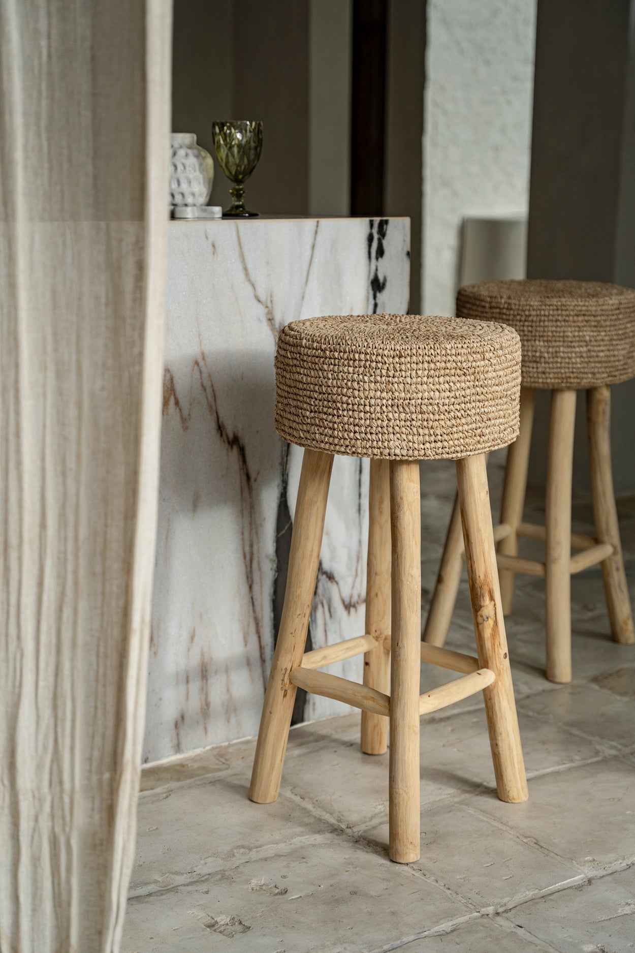 JUNO BAR STOOL | RECLAIMED TEAK +RAFFIA | IN-OUTDOORS
