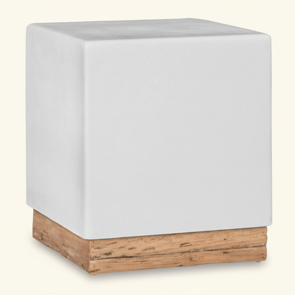 KAYA LUXE SIDE TABLE | WHITE RESIN +RECLAIMED TEAK | IN-OUTDOORS