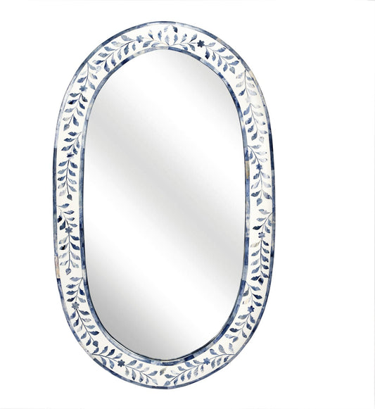 Bone Inlay Oval Mirror Frame Handmade Decor Floral Design Wood Frame Entryway, Hallway, Living Room, Closet Mirror