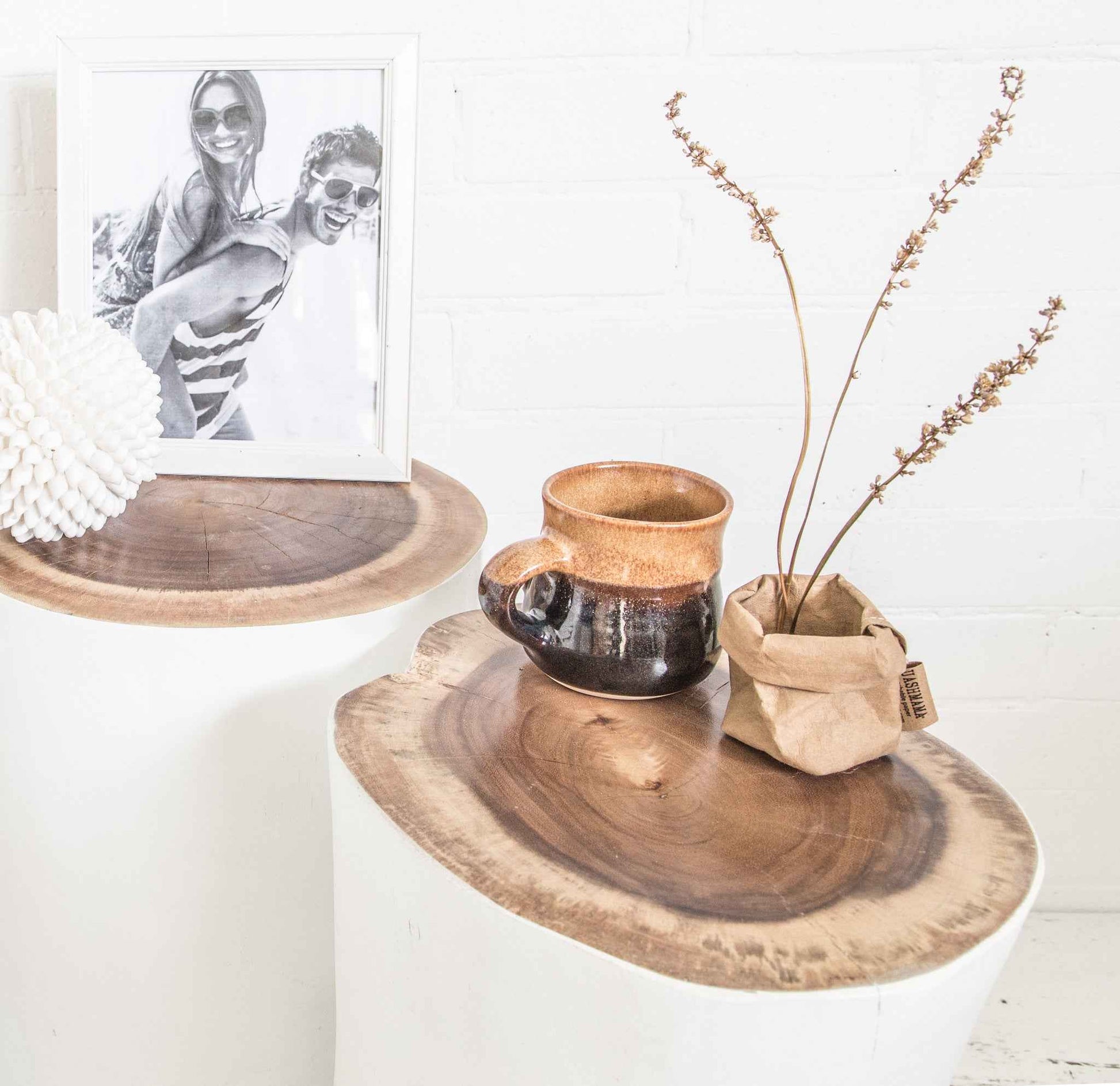 Log Side Table + Stool | White