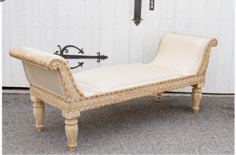 Luxurious Bone Inlay Daybed/Bench - Light Teak Wood and White Upholstery Daybed - Bone Inlay Furnitures
