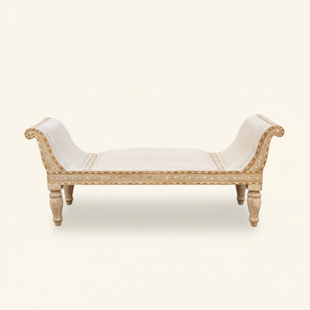 Luxurious Bone Inlay Daybed/Bench - Light Teak Wood and White Upholstery Daybed - Bone Inlay Furnitures
