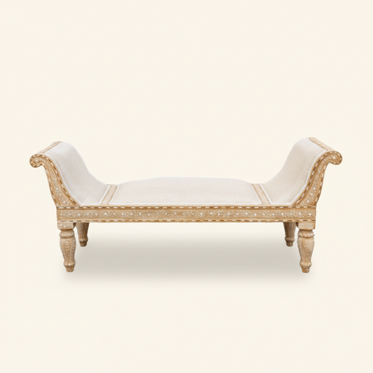 Luxurious Bone Inlay Daybed/Bench - Light Teak Wood and White Upholstery Daybed - Bone Inlay Furnitures