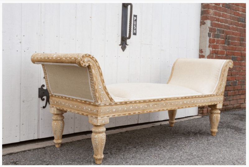 Luxurious Bone Inlay Daybed/Bench - Light Teak Wood and White Upholstery Daybed - Bone Inlay Furnitures