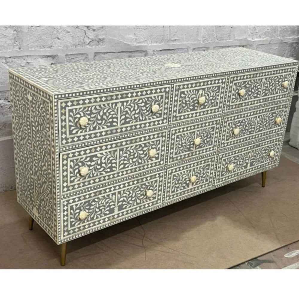 Luxurious Handmade Bone Inlay Chest of Nine Drawer Dresser