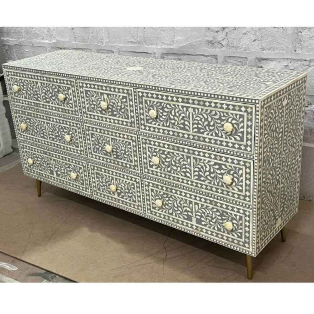 Luxurious Handmade Bone Inlay Chest of Nine Drawer Dresser