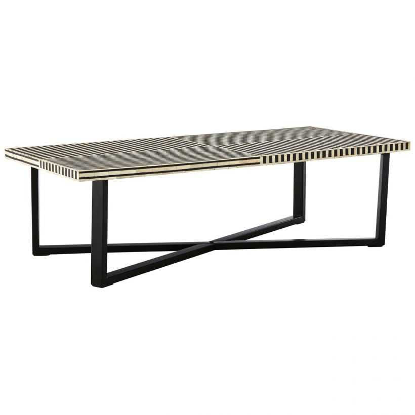 Bone Inlay Rectangle Coffee Table with Stripe Design With Iron Legs